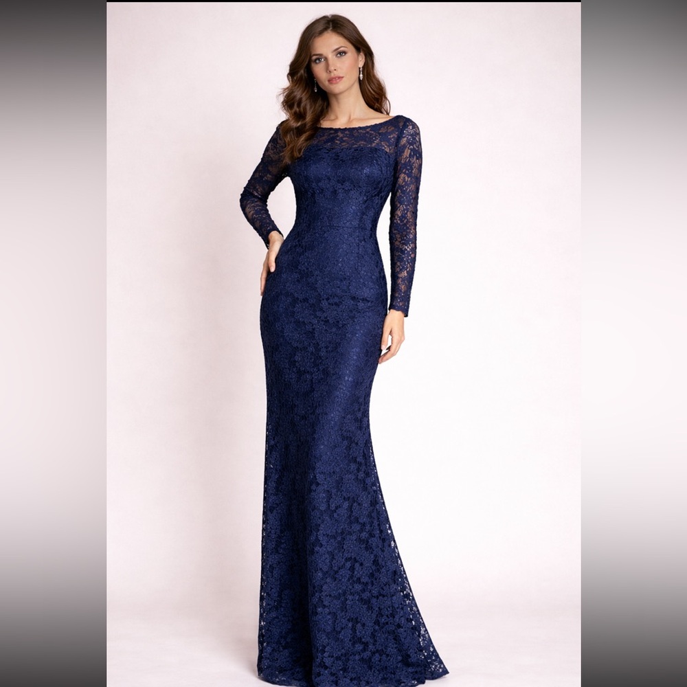 JS collections long sleeves panel lace illusion aline long Gown - Picture 3 of 17